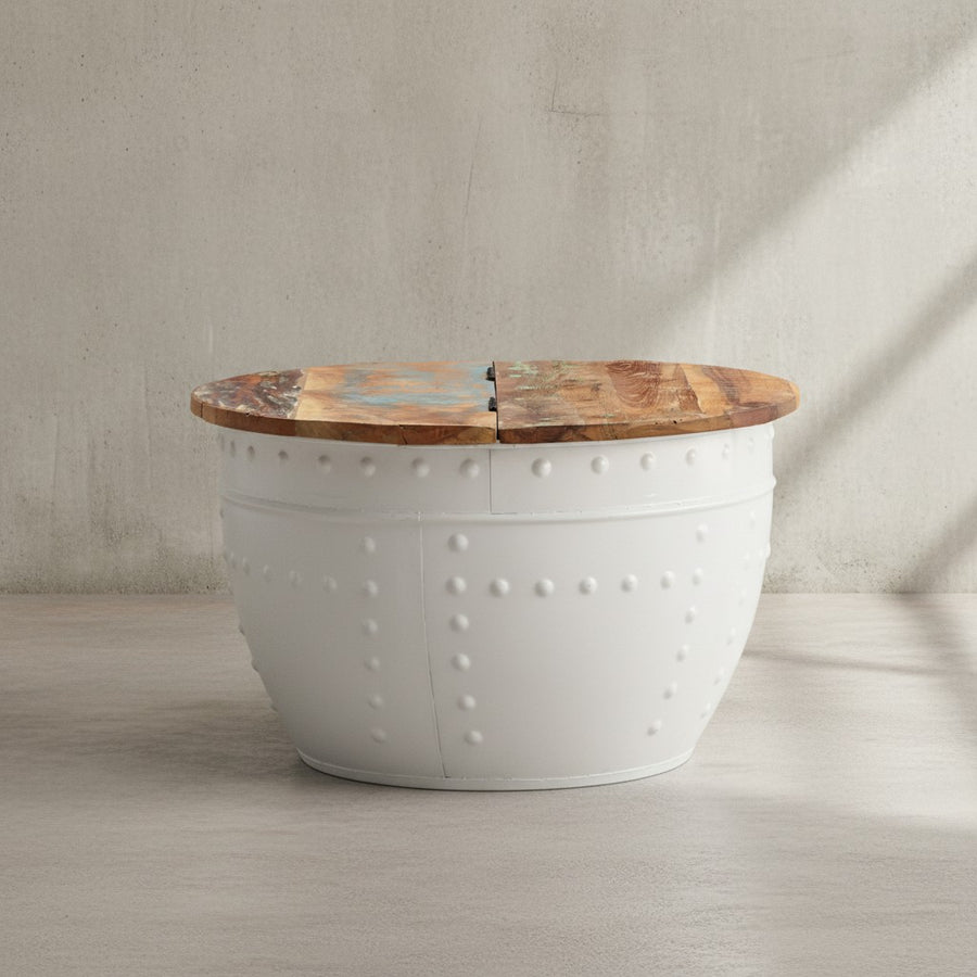 Massivholz Couchtisch SERCHIO_ Industrieller Stil_ klappbare Tischplatte_ Metallgestell_ 60x36x60 cm - KADIMA DESIGN_Farbe_ Weiß_ Größe_ 60x60x36 cm_