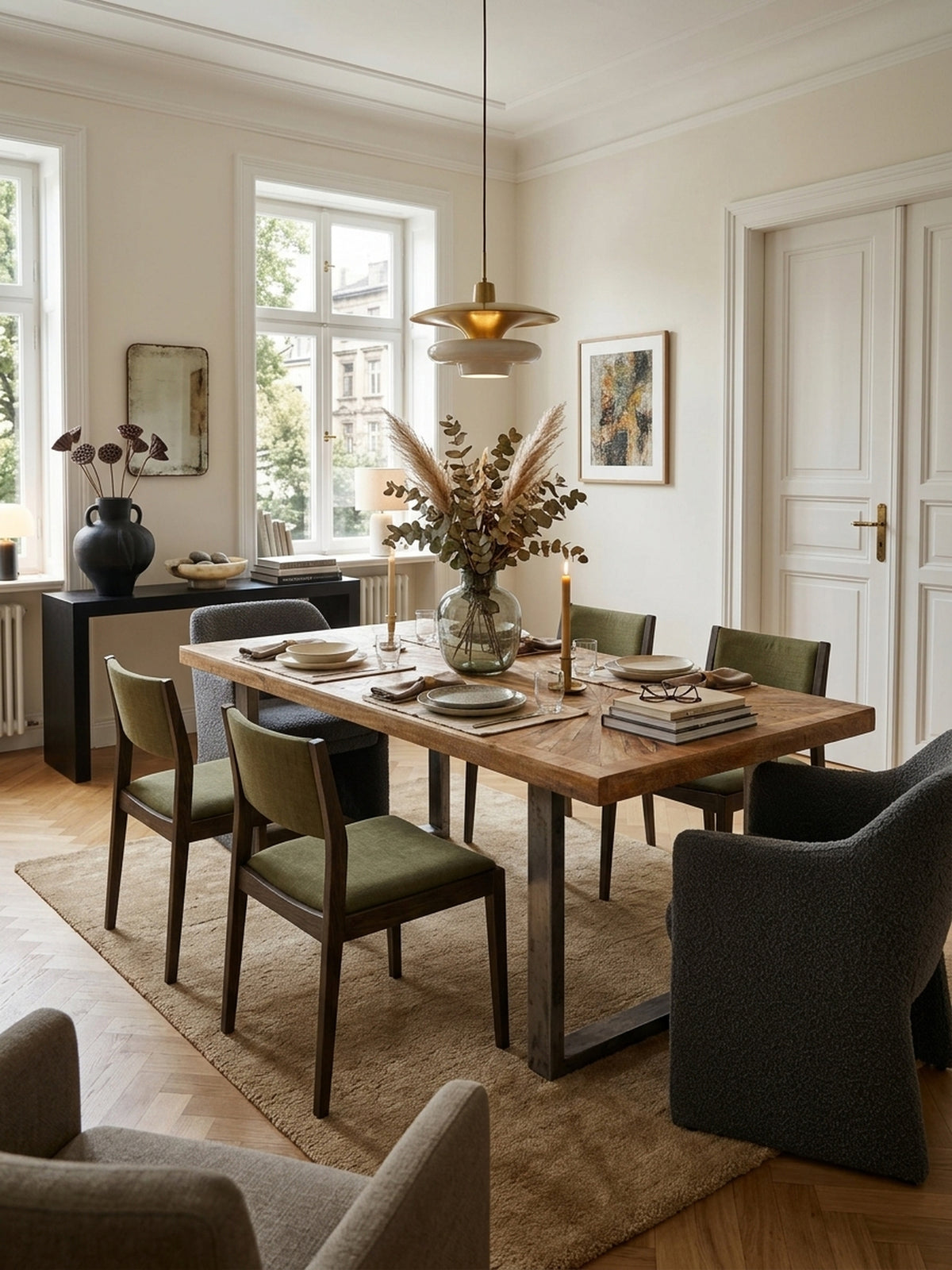 Luxuriöser Esszimmertisch aus massivem Mangoholz 180x90cm in einem eleganten Esszimmer mit hellem Fischgrätparkett. Der Industrial Tisch mit U-Gestell wirkt warm und einladend.