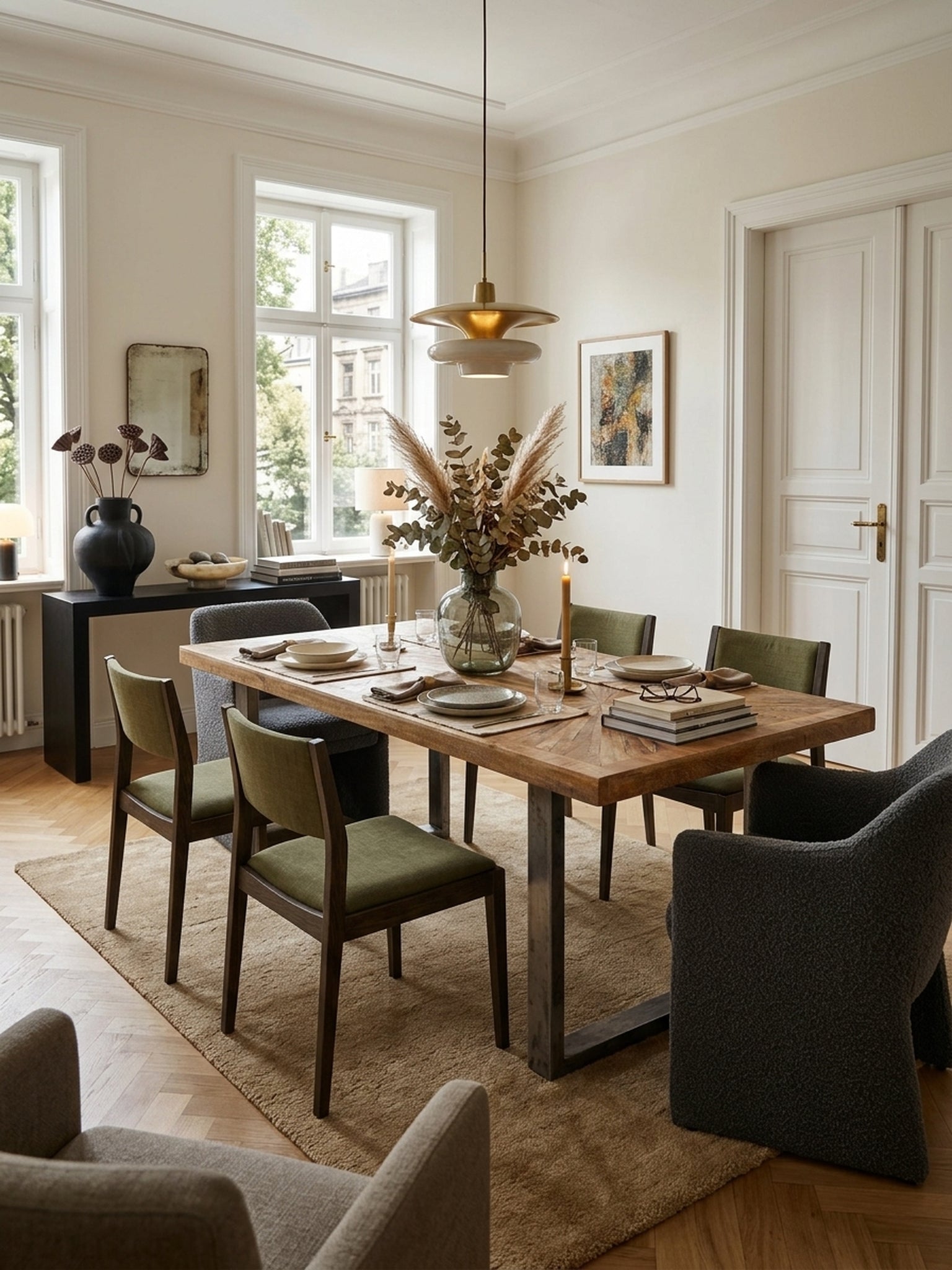 Luxuriöser Esszimmertisch aus massivem Mangoholz 180x90cm in einem eleganten Esszimmer mit hellem Fischgrätparkett. Der Industrial Tisch mit U-Gestell wirkt warm und einladend._