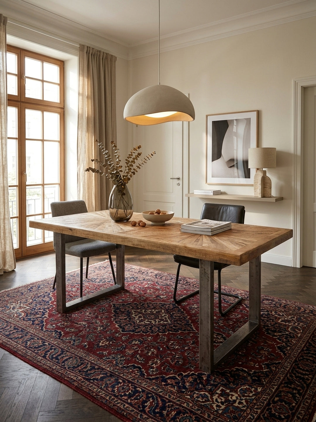 Draufsicht auf den rustikalen Mangoholz Esszimmertisch im modernen Loft-Stil. Die 6 cm dicke Massivholzplatte mit kunstvollem Strahlenmuster harmoniert mit den grauen Metallkufen._