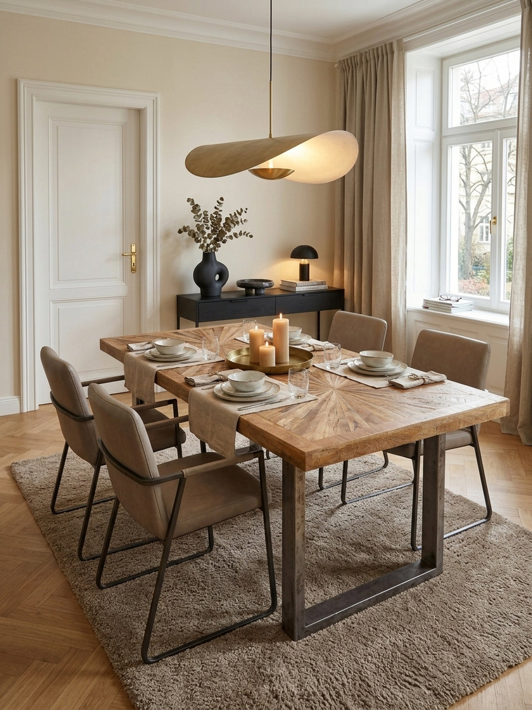 Aufsicht auf den Massivholztisch mit markantem Strahlenmuster im Mangoholz. Der 180x90 cm große Esstisch steht zentral auf einem sandfarbenen Wollteppich im modernen Esszimmer._