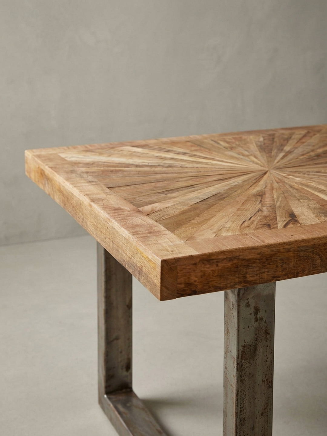 Nahaufnahme der Tischkante und des Metallgestells. Der Übergang von der 6cm breiten Mango Massivholzblende zum silber-grauen Edelstahlkufen-Gestell des Industrial Tisches._