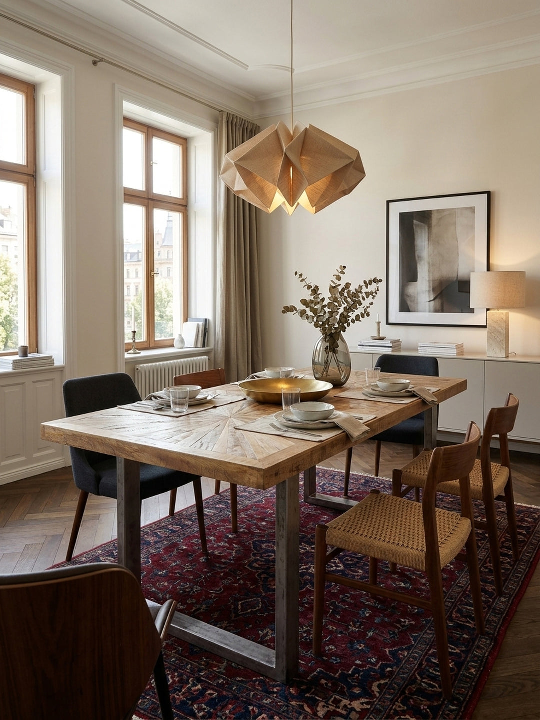 Großer Esstisch 200x100 cm aus Mango Massivholz mit Sonnenstrahl-Muster in einem eleganten Esszimmer. Der Industrial Holztisch steht auf einem Vintage-Teppich vor hellen Wänden._