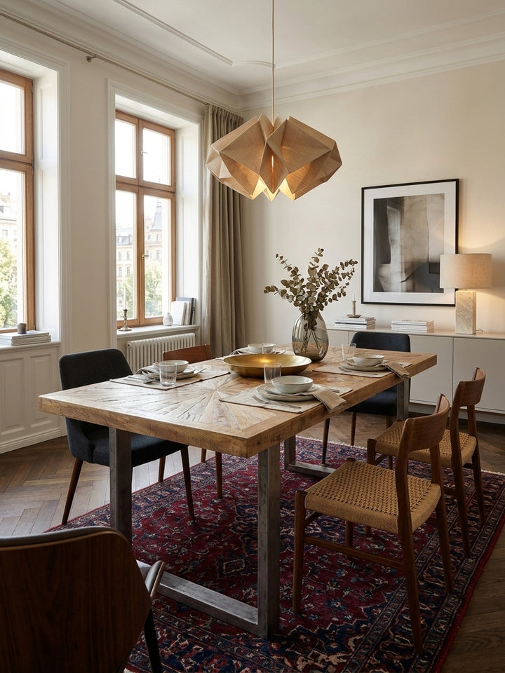 Großer Esstisch 200x100 cm aus Mango Massivholz mit Sonnenstrahl-Muster in einem eleganten Esszimmer. Der Industrial Holztisch steht auf einem Vintage-Teppich vor hellen Wänden._