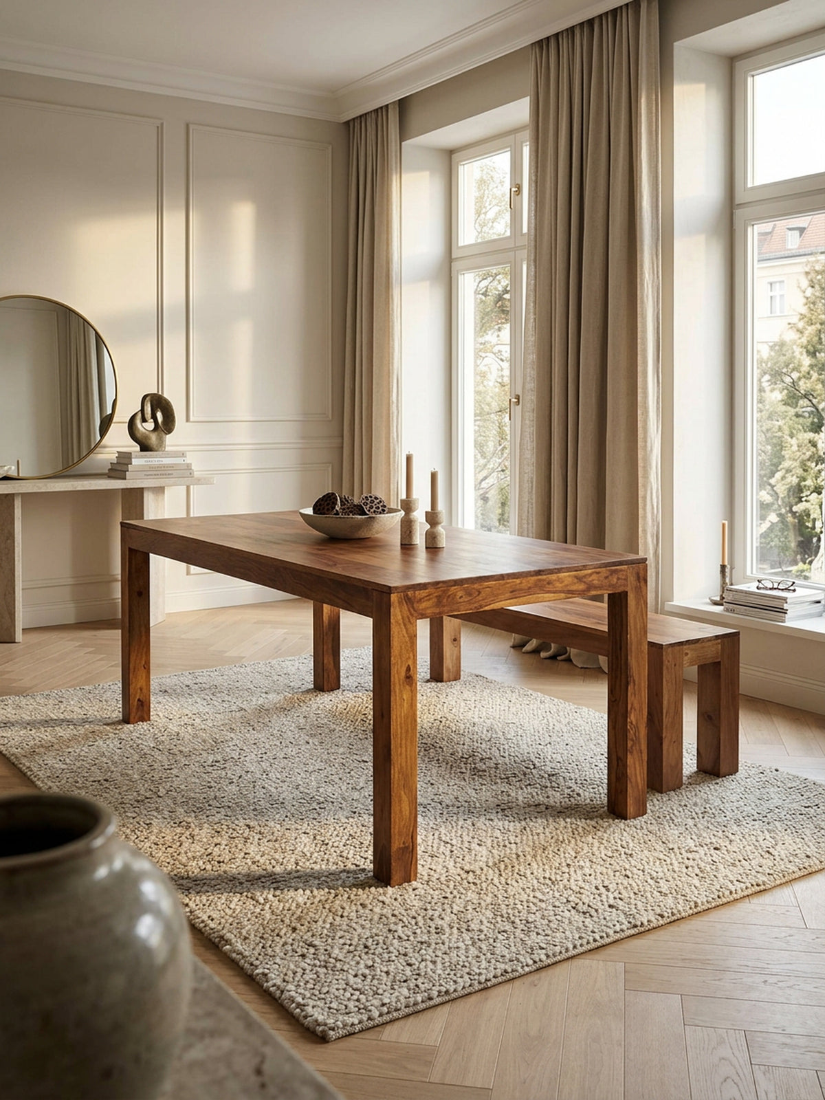 Großzügiger Holztisch aus Sheesham - 180 cm Länge - markante Naturmaserung von Kadima Design_