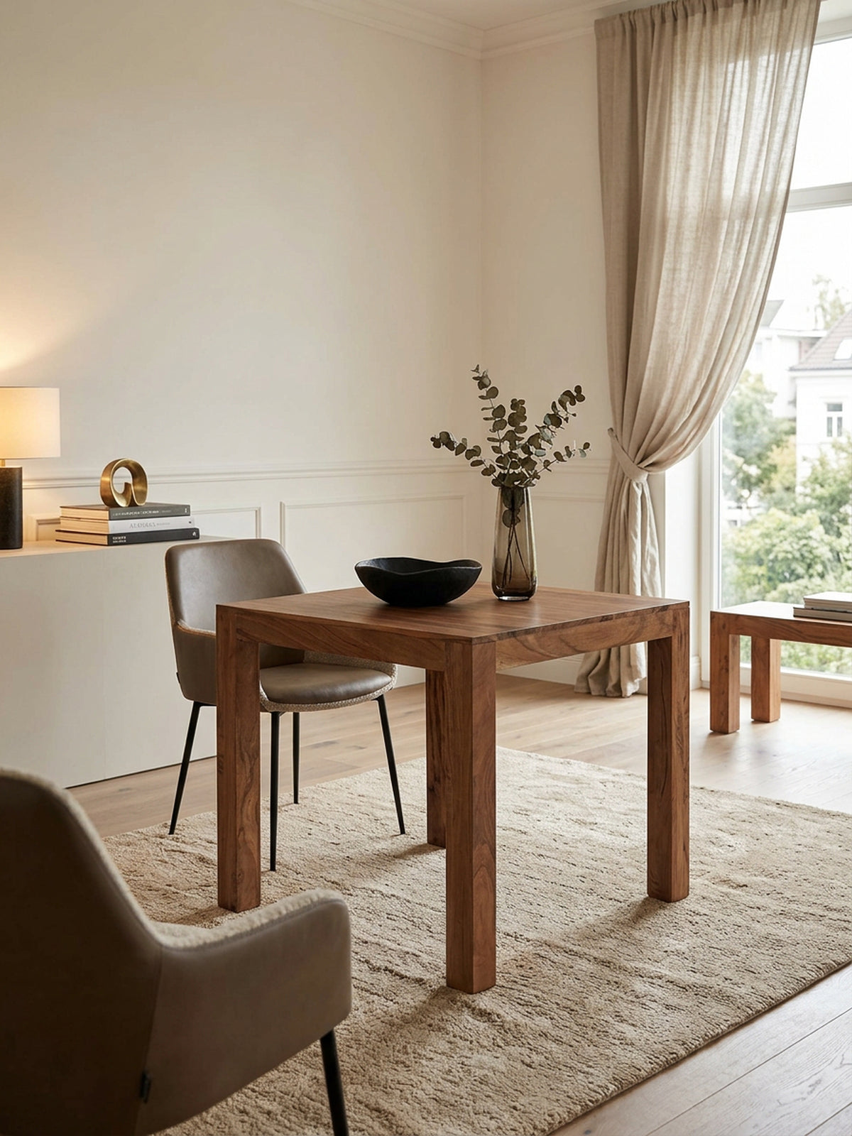 Akazie Esstisch 80x80 cm - quadratischer Massivholz Tisch hell - kompakte Form von Kadima Design_