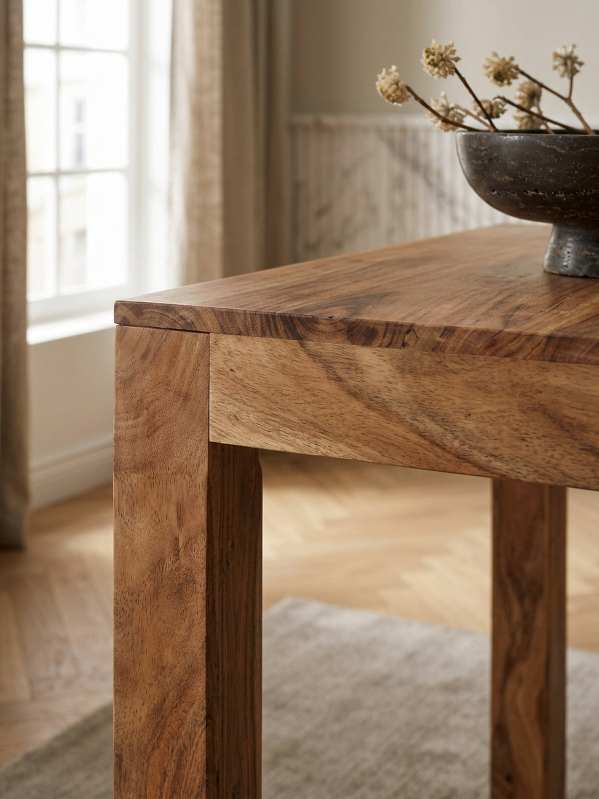 Akazie Esstisch 80x80 cm - quadratischer Massivholz Tisch hell - kompakte Form von Kadima Design_