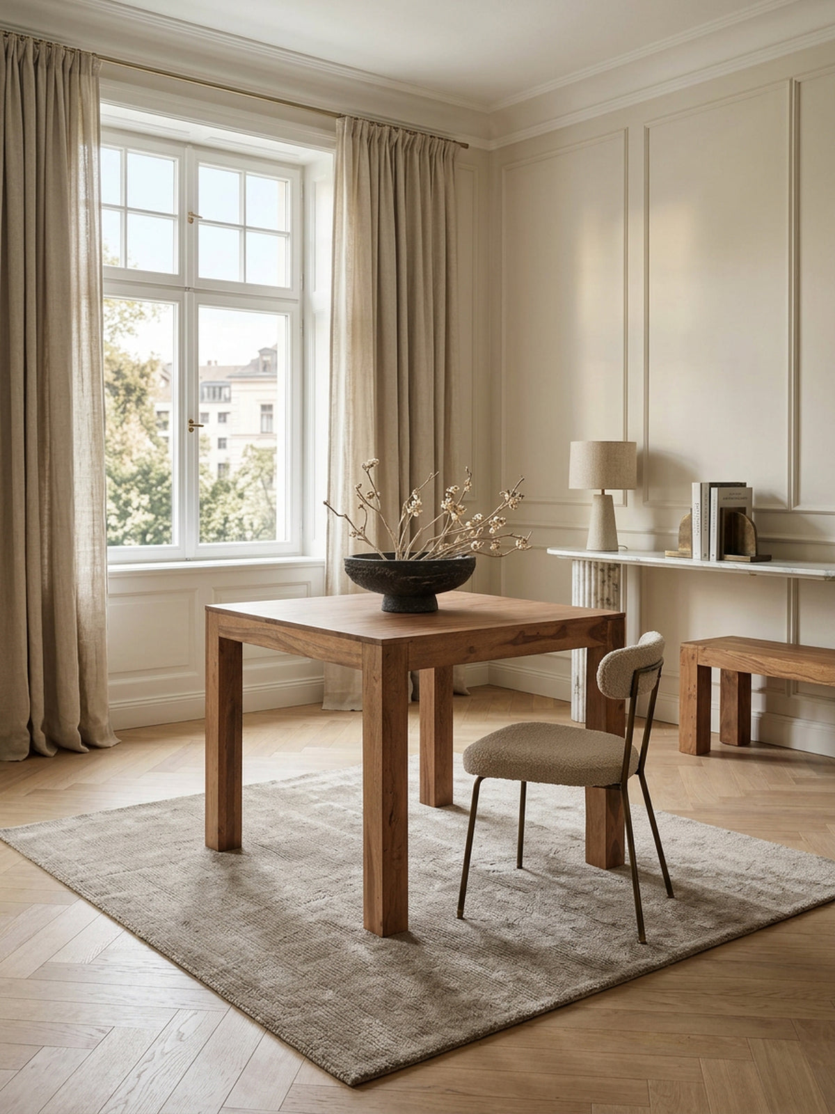 Akazie Esstisch 80x80 cm - quadratischer Massivholz Tisch hell - kompakte Form von Kadima Design_