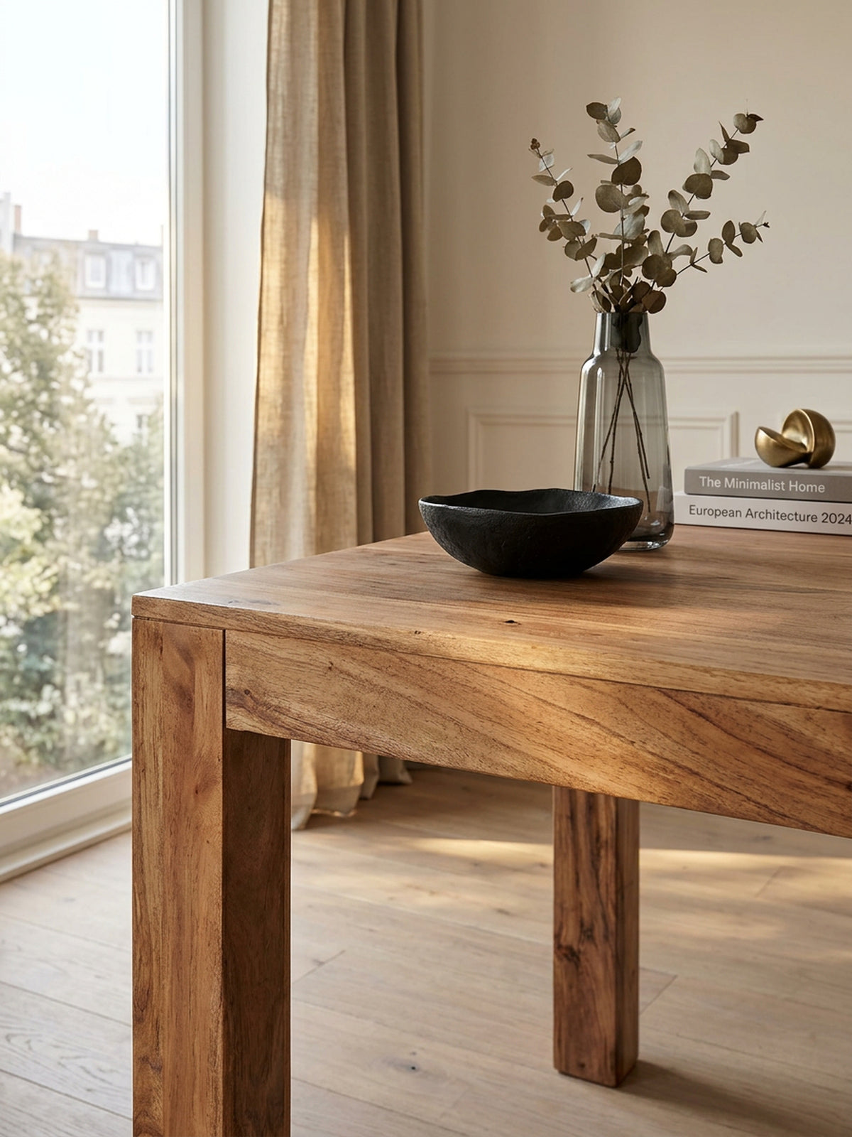 Akazie Esstisch 80x80 cm - quadratischer Massivholz Tisch hell - kompakte Form von Kadima Design_