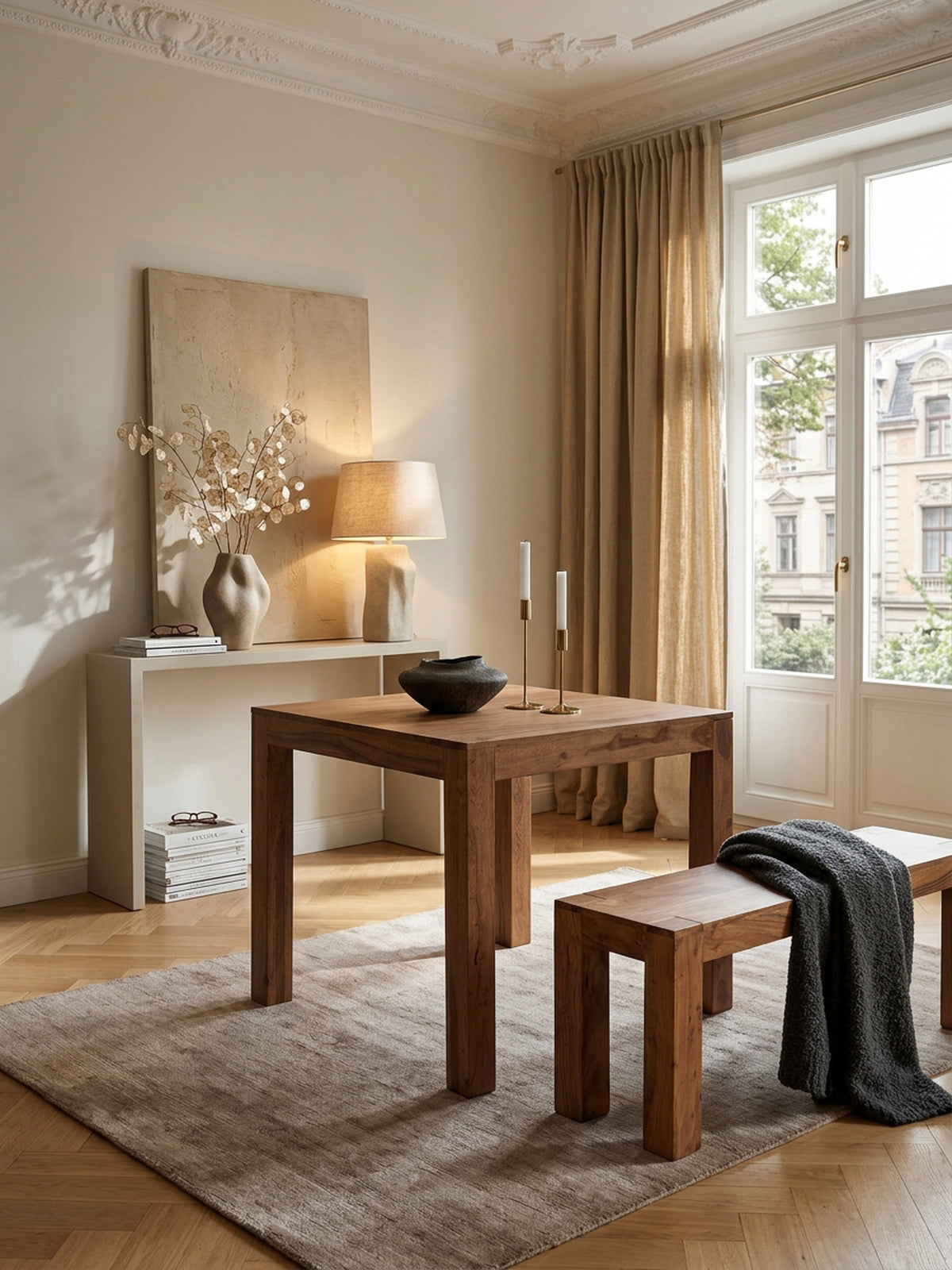 Akazie Esstisch 80x80 cm - quadratischer Massivholz Tisch hell - kompakte Form von Kadima Design_