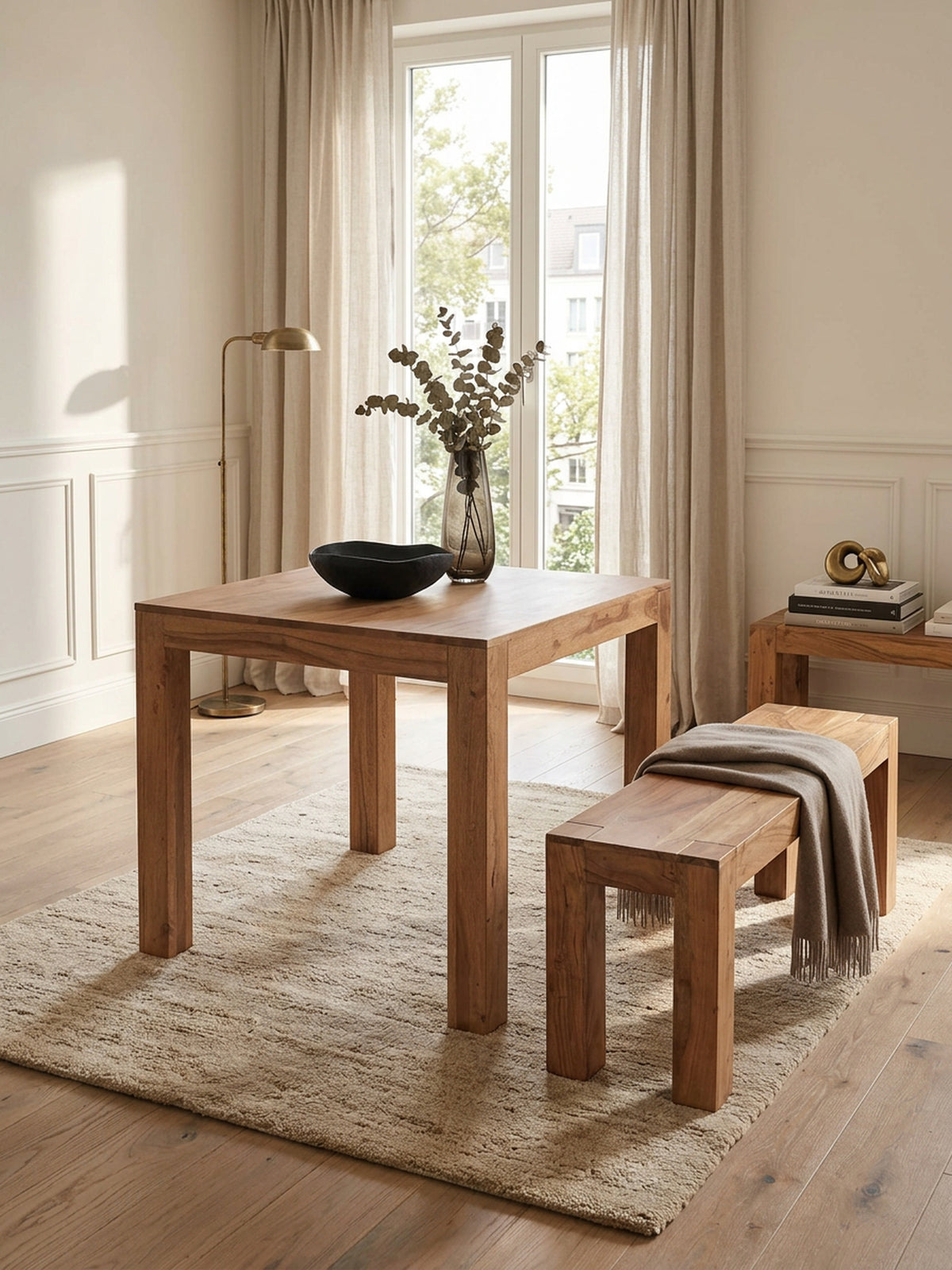 Akazie Esstisch 80x80 cm - quadratischer Massivholz Tisch hell - kompakte Form von Kadima Design_