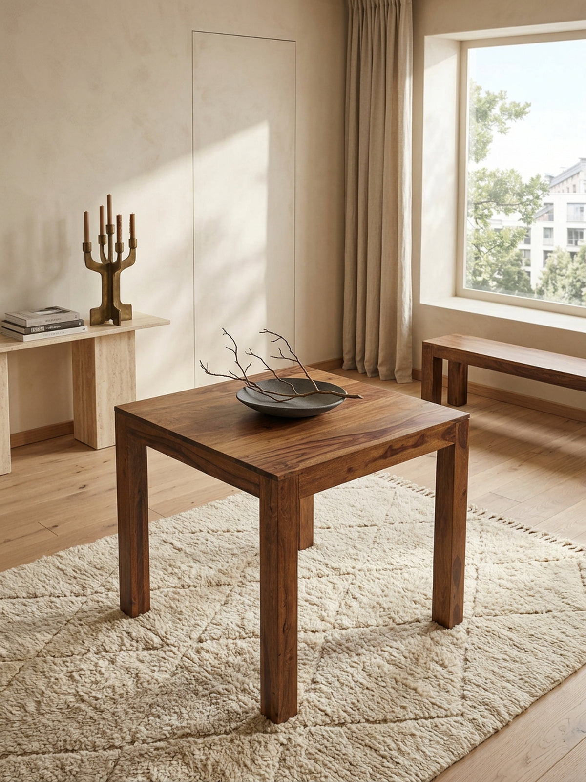 Sheesham Esstisch 80x80 cm - quadratischer Massivholz Tisch dunkel - kompakte Form von Kadima Design_