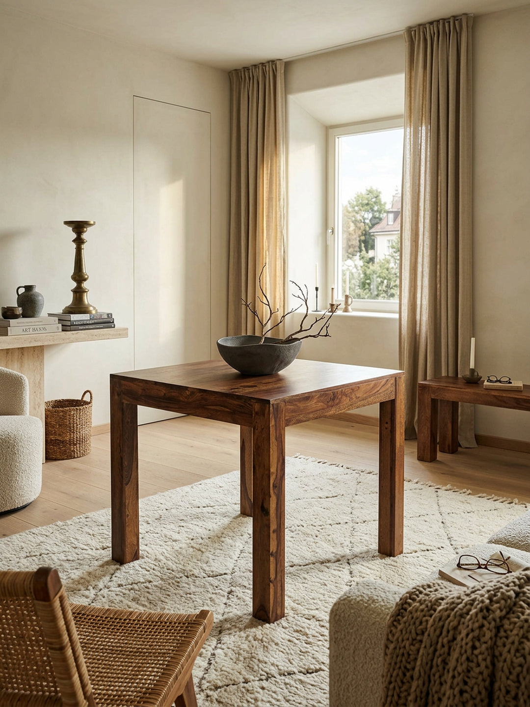 Sheesham Esstisch 80x80 cm - quadratischer Massivholz Tisch dunkel - kompakte Form von Kadima Design_