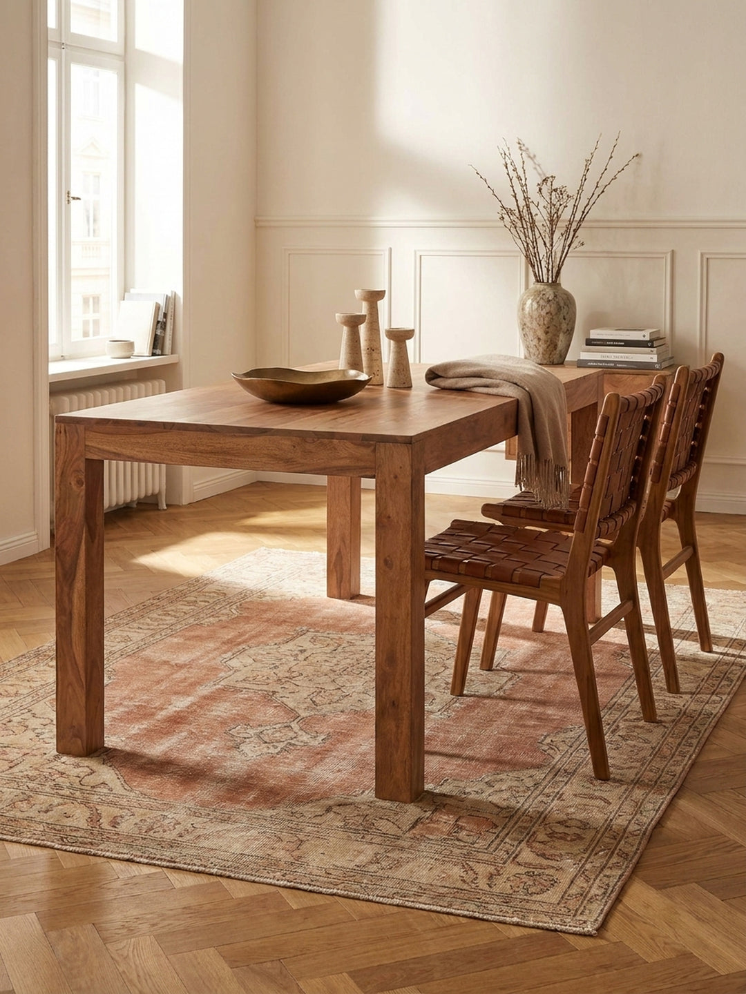 Esstisch Akazie Massivholz braun 120x60x76 cm kombiniert mit passenden Möbeln Esszimmer Einrichtungsidee Möbelensemble harmonisch Wohnen Interior Zuhause Design Wohnzimmer modern hochwertig_