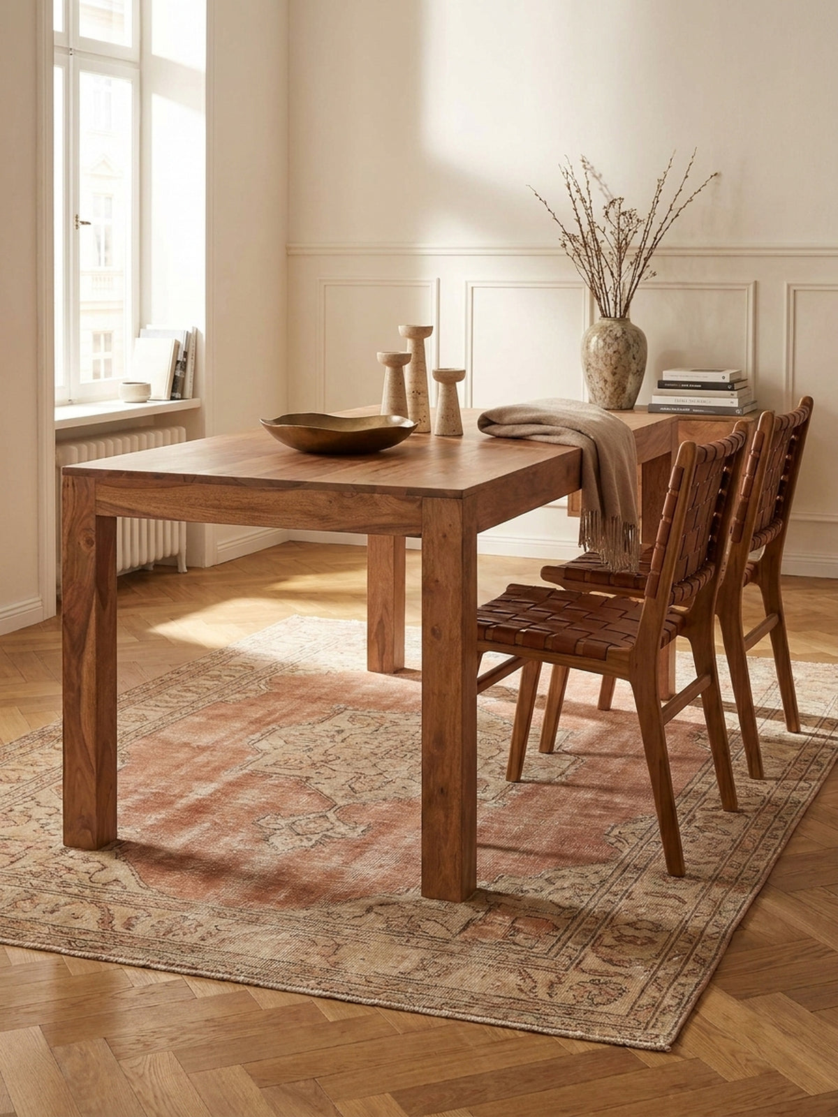 Esstisch Akazie Massivholz braun 120x60x76 cm kombiniert mit passenden Möbeln Esszimmer Einrichtungsidee Möbelensemble harmonisch Wohnen Interior Zuhause Design Wohnzimmer modern hochwertig_