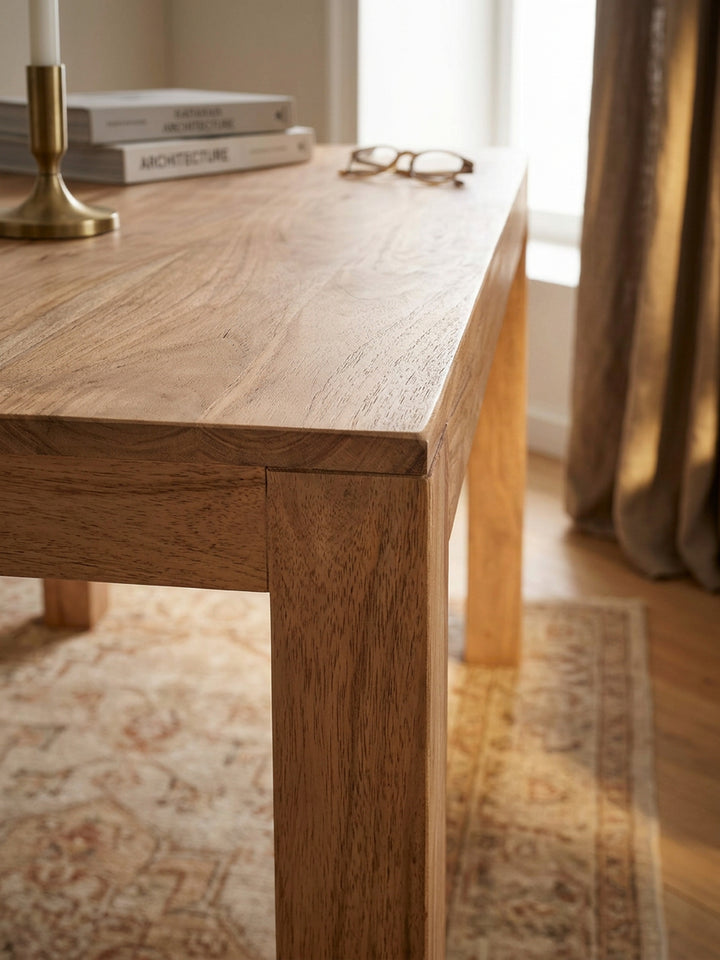 Esstisch Akazie Massivholz braun Nahaufnahme honigfarbene Akazie-Maserung mit natürlicher Farbvariation und sichtbarer Holzstruktur Qualität Möbel Esszimmer Wohnen Einrichtung Interior_