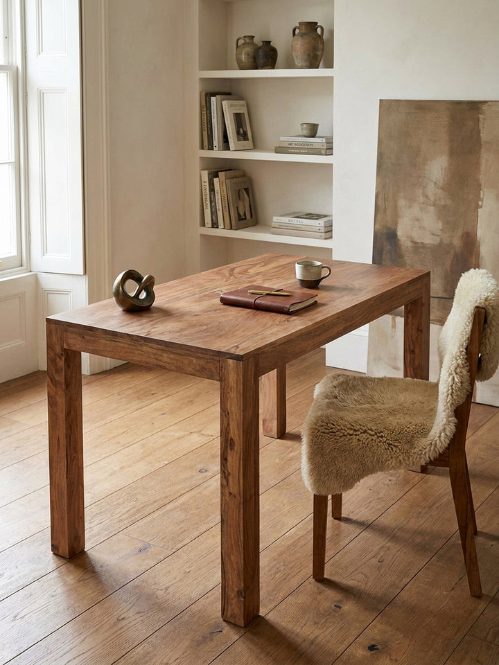 Esstisch Akazie Massivholz braun Nahaufnahme honigfarbene Akazie-Maserung mit natürlicher Farbvariation und sichtbarer Holzstruktur Qualität Möbel Esszimmer Wohnen Einrichtung Interior_