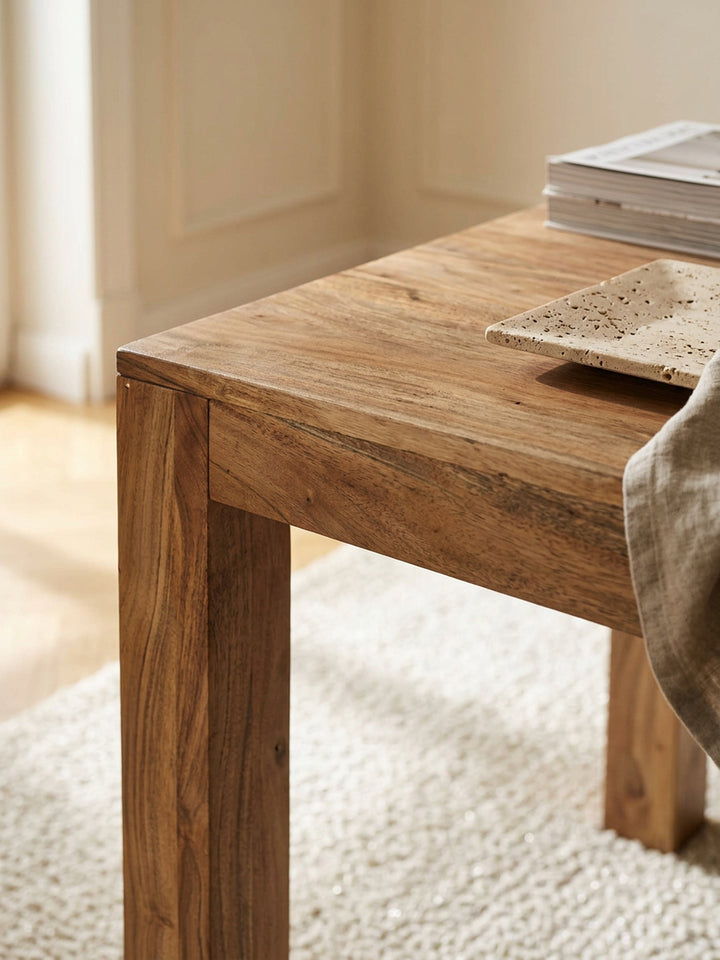 Esstisch Akazie Massivholz braun Nahaufnahme honigfarbene Akazie-Maserung mit natürlicher Farbvariation und sichtbarer Holzstruktur Qualität Möbel Esszimmer Wohnen Einrichtung Interior_