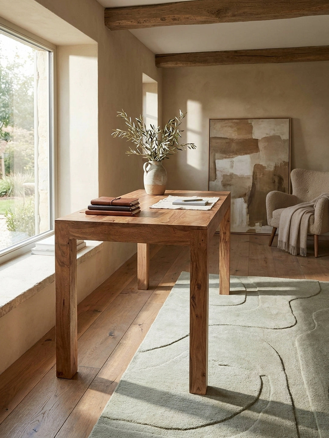 Esstisch Akazie Massivholz braun Nahaufnahme honigfarbene Akazie-Maserung mit natürlicher Farbvariation und sichtbarer Holzstruktur Qualität Möbel Esszimmer Wohnen Einrichtung Interior_