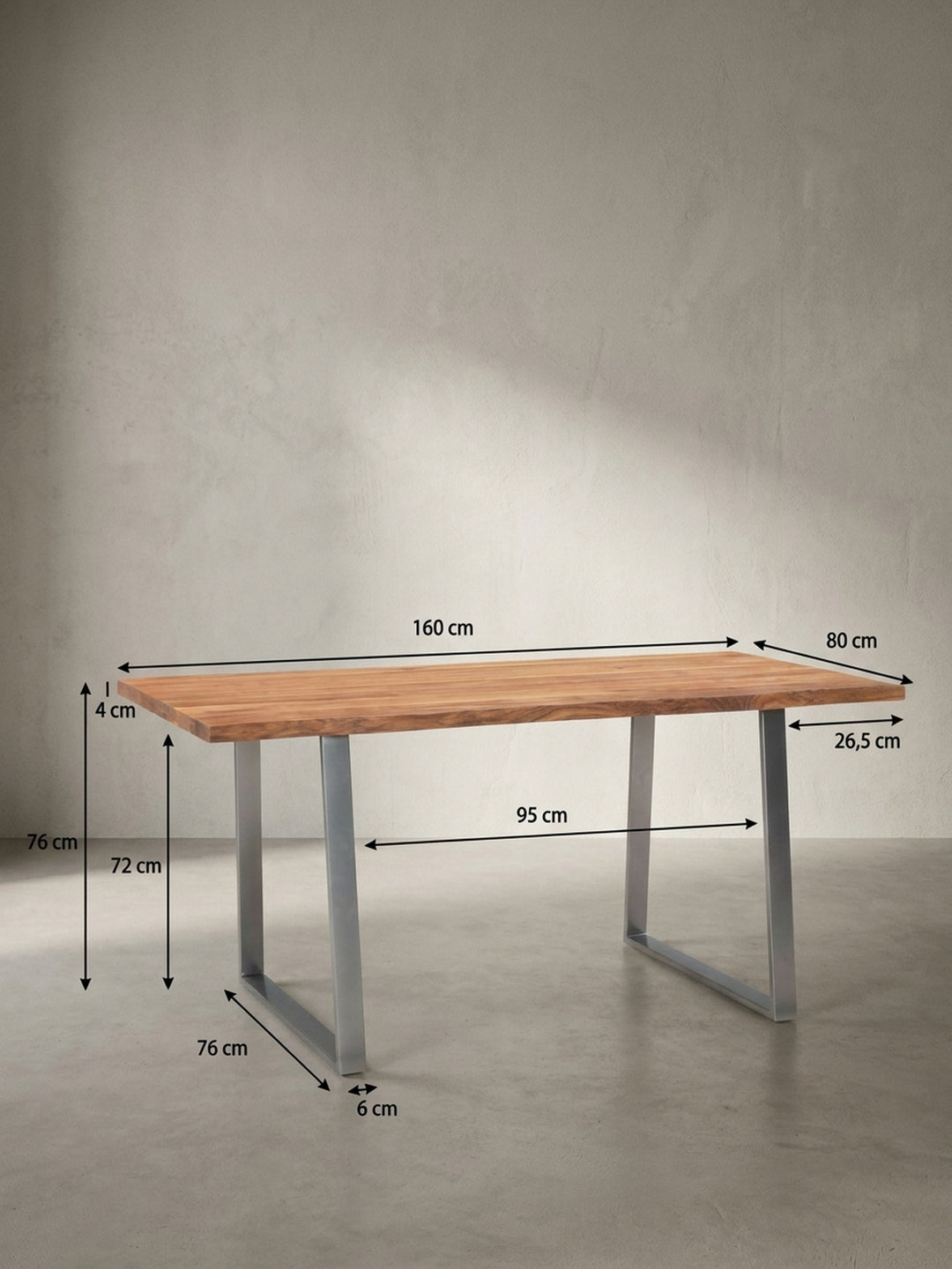 Technische Zeichnung des Esstisches mit allen relevanten Maßen: 160 cm Länge, 80 cm Tiefe und 76 cm Höhe für die Raumplanung._