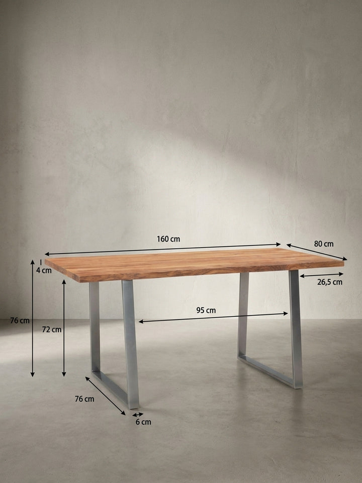 Technische Zeichnung des Esstisches mit allen relevanten Maßen: 160 cm Länge, 80 cm Tiefe und 76 cm Höhe für die Raumplanung._