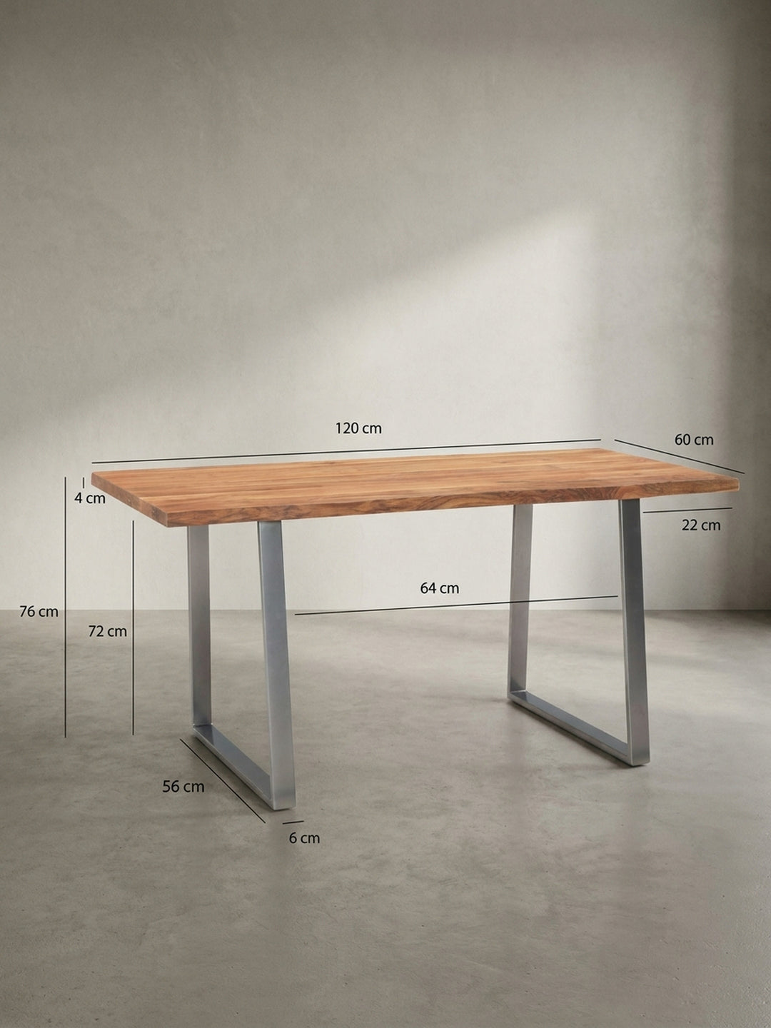 Skizze des Esstisches mit exakten Maßen: Länge 120 cm, Tiefe 60 cm und Höhe 76 cm, perfekt zur Raumplanung für Küche oder Esszimmer._