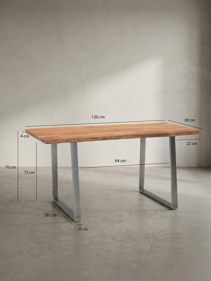 Skizze des Esstisches mit exakten Maßen: Länge 120 cm, Tiefe 60 cm und Höhe 76 cm, perfekt zur Raumplanung für Küche oder Esszimmer._