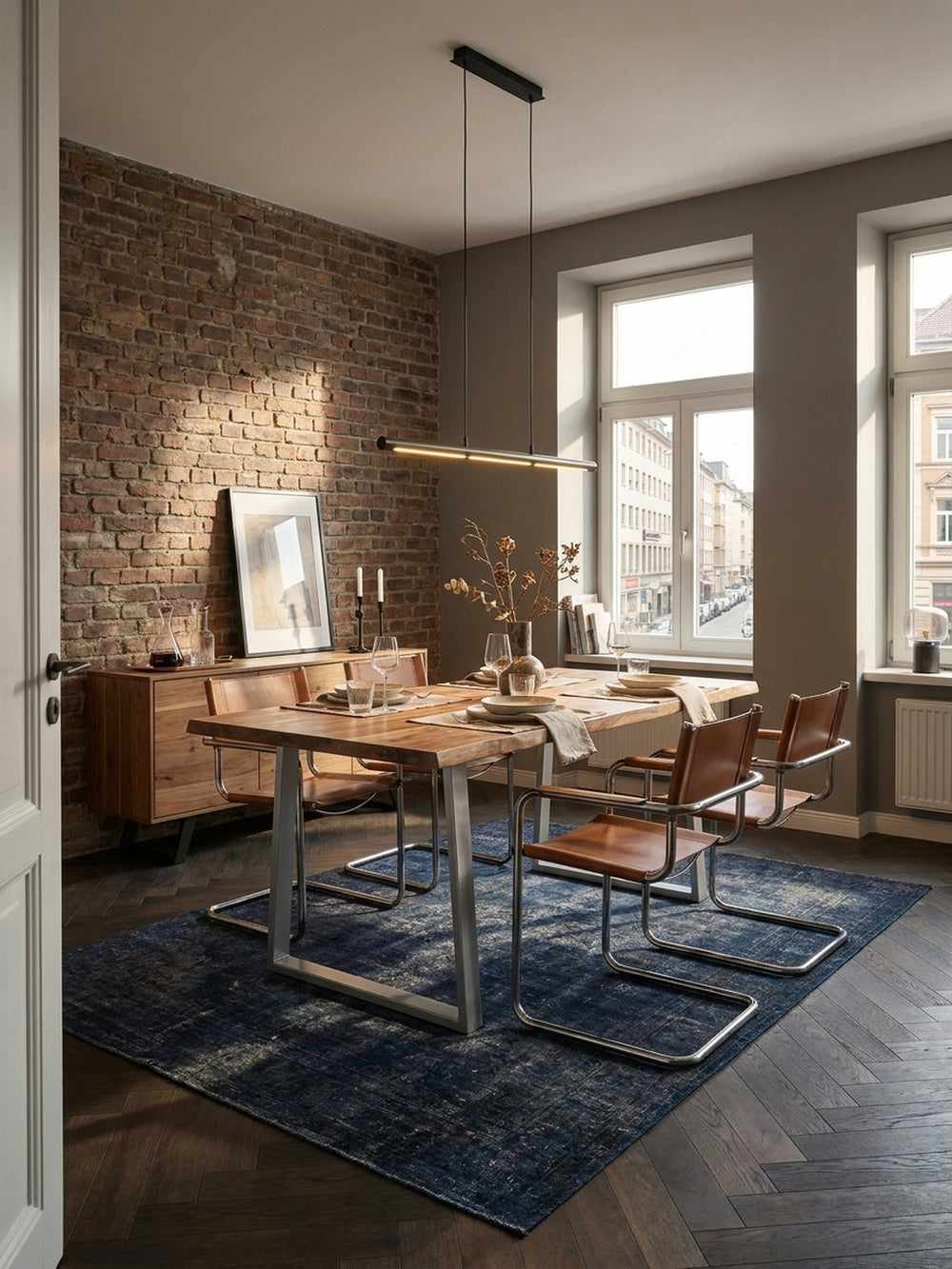 Moderner Esstisch aus massivem Akazienholz mit Chrombeinen, stilvoll arrangiert mit Stühlen und Bank in einem lichtdurchfluteten Esszimmer mit großer Fensterfront._