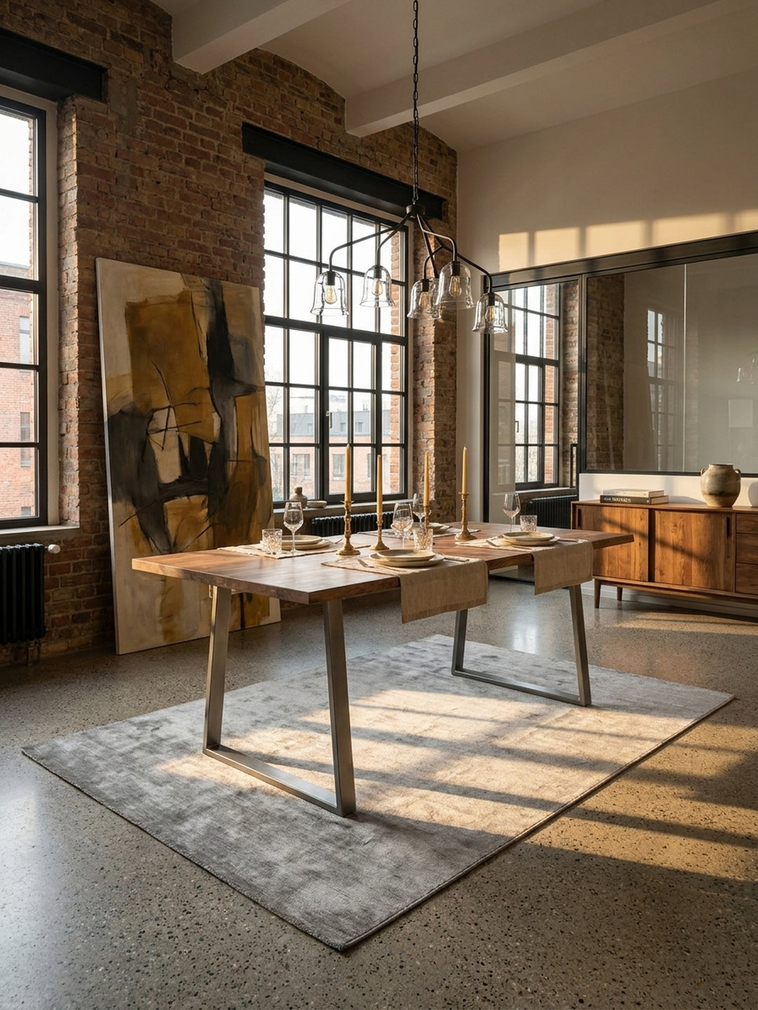 Moderner Esstisch 160x80 cm aus Akazie Massivholz mit Baumkante in einem Industrial-Loft-Esszimmer mit Backsteinwand._