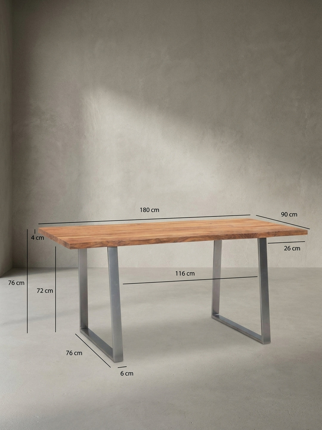Esstisch mit exakten Maßen: Länge 180 cm, Breite 90 cm und Höhe 76 cm, ideal für die Raumplanung des Essbereichs._
