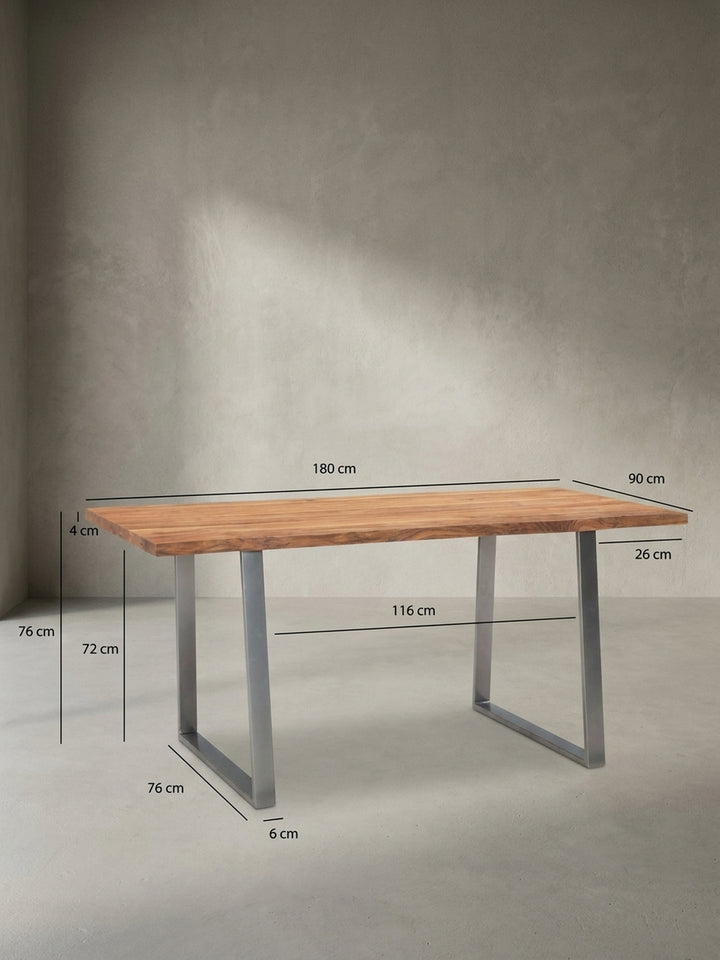 Esstisch mit exakten Maßen: Länge 180 cm, Breite 90 cm und Höhe 76 cm, ideal für die Raumplanung des Essbereichs._