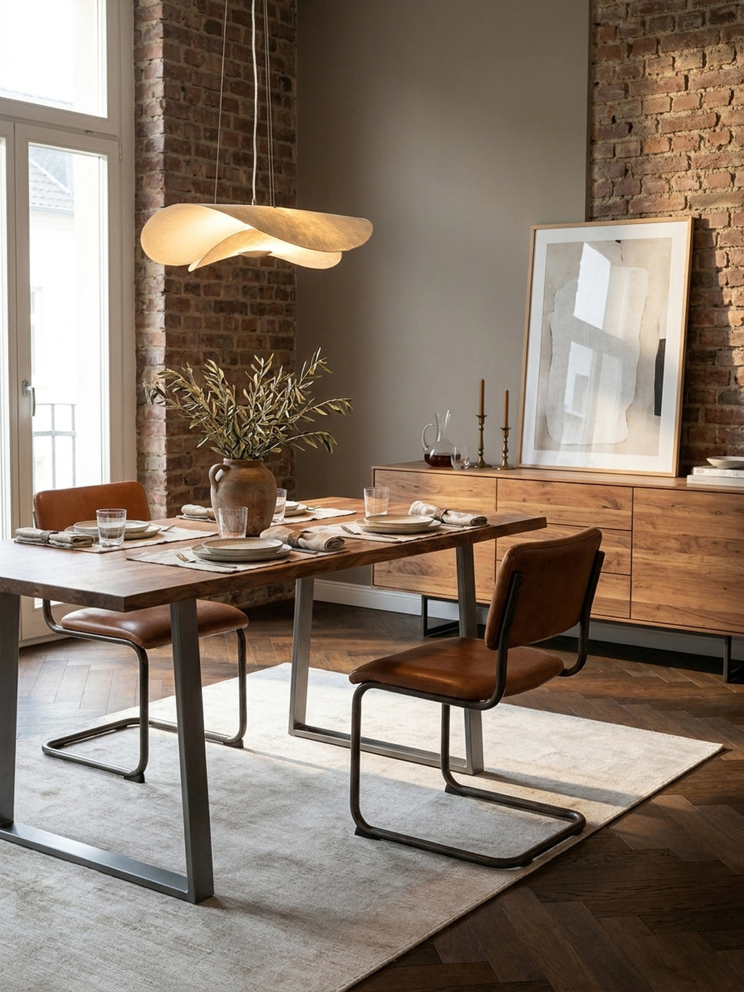 Essgruppe im Industrial-Stil: Der Akazientisch 120x60 cm wird mit einer passenden Massivholzbank kombiniert, ideal für moderne Küchen und Essbereiche._