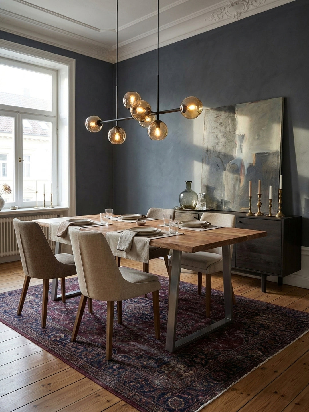 Der massive Holztisch mit Metallbeinen kombiniert mit modernen Polsterstühlen und einer passenden Holzbank als komplette Essgruppe im Speisezimmer._
