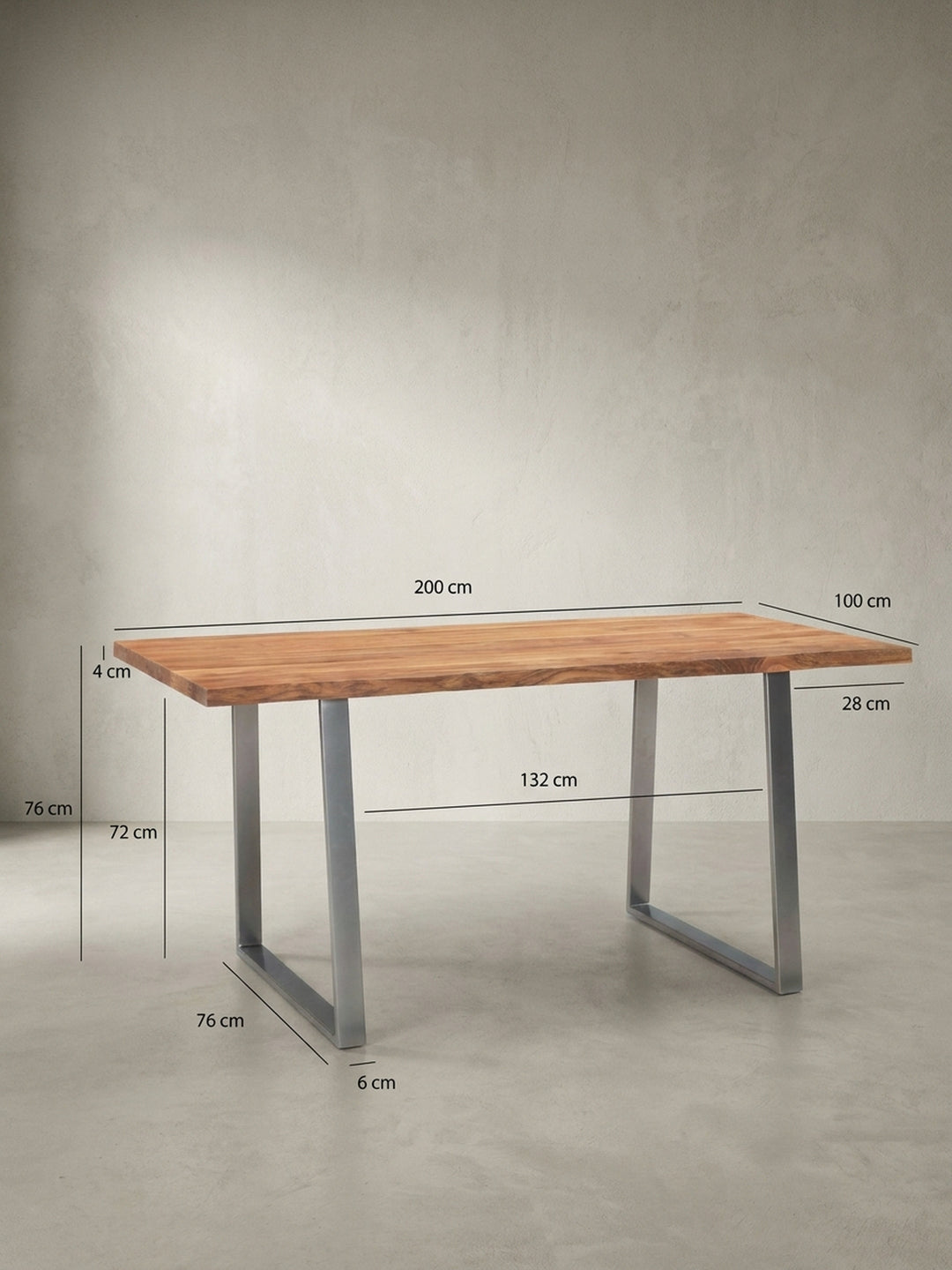Technische Zeichnung des Esszimmertisches mit exakten Maßen: Länge 200 cm, Höhe 76 cm und Breite ca. 100 cm, ideal zur Raumplanung._
