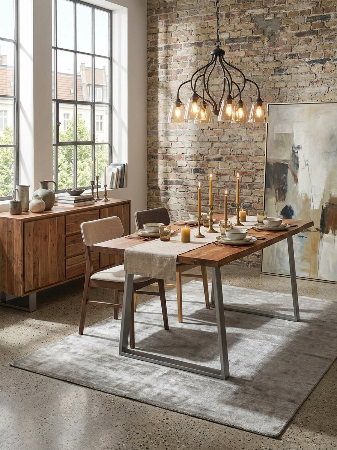 Der Speisetisch aus Massivholz kombiniert mit einer passenden Sitzbank und modernen Stühlen in einem eleganten Essbereich._