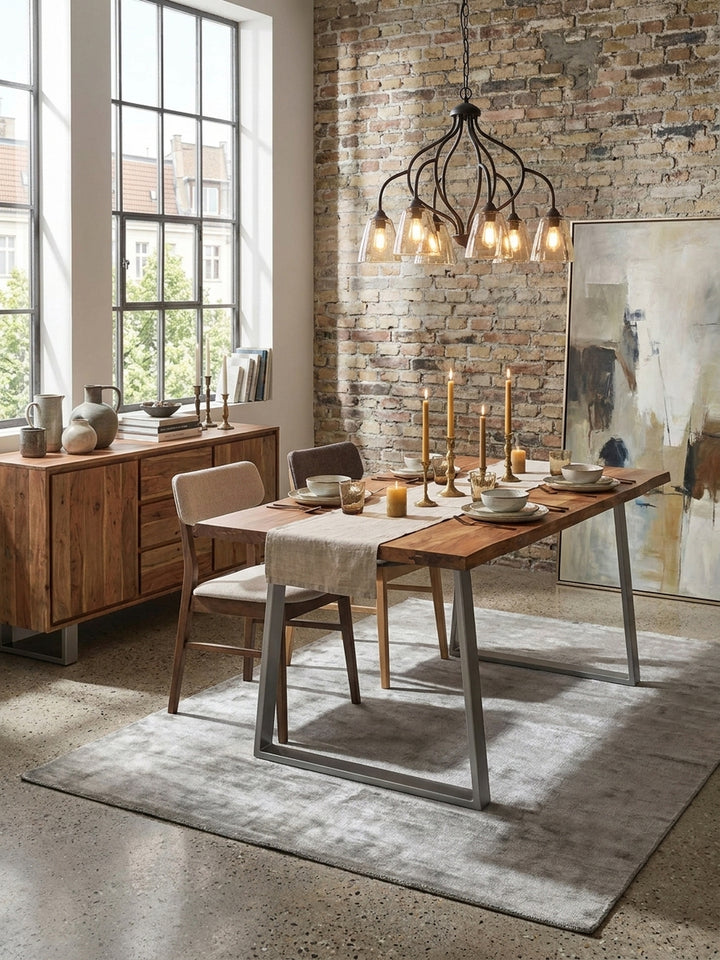 Der Speisetisch aus Massivholz kombiniert mit einer passenden Sitzbank und modernen Stühlen in einem eleganten Essbereich._
