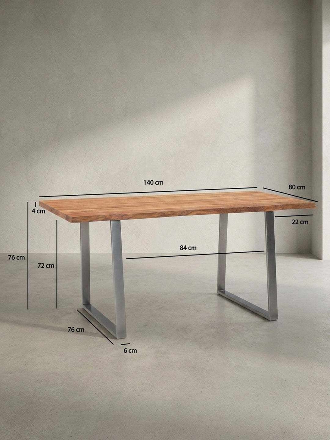 Technisches Maßbild des Esstisches mit allen relevanten Abmessungen: Länge 140 cm, Breite 80 cm und Höhe 76 cm für eine perfekte Raumplanung._