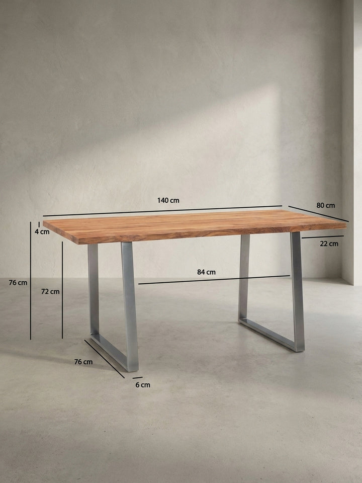 Technisches Maßbild des Esstisches mit allen relevanten Abmessungen: Länge 140 cm, Breite 80 cm und Höhe 76 cm für eine perfekte Raumplanung._