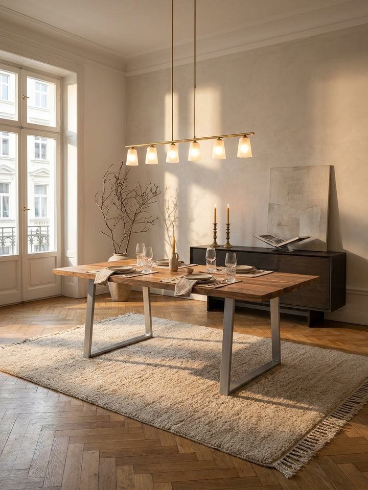 Großer Esstisch aus massivem Akazienholz mit Metallbeinen als Mittelpunkt eines hellen Esszimmers im modern-klassischen Stil._