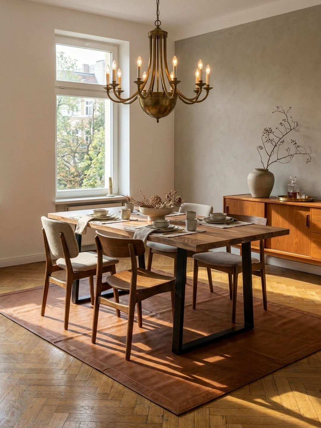 Der Industrial-Esstisch aus Akazie kombiniert mit einer passenden Holzbank und modernen Schalenstühlen im Esszimmer._