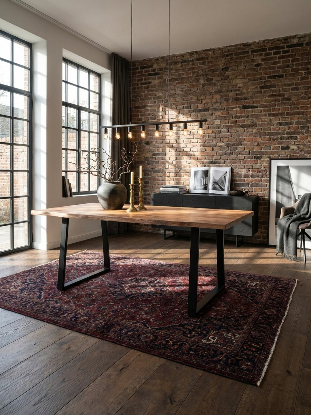 Einladender Esszimmertisch aus Akazienholz in einem hellen Loft-Esszimmer mit beigen Stühlen und einer Sitzbank auf einem Teppich._