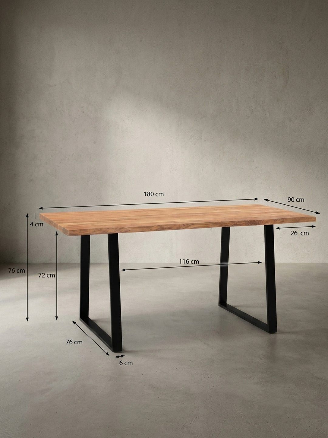 Technische Zeichnung des Esstisches mit genauen Maßen: Länge 180 cm, Höhe 76 cm und Breite ca. 90 cm für die Raumplanung._