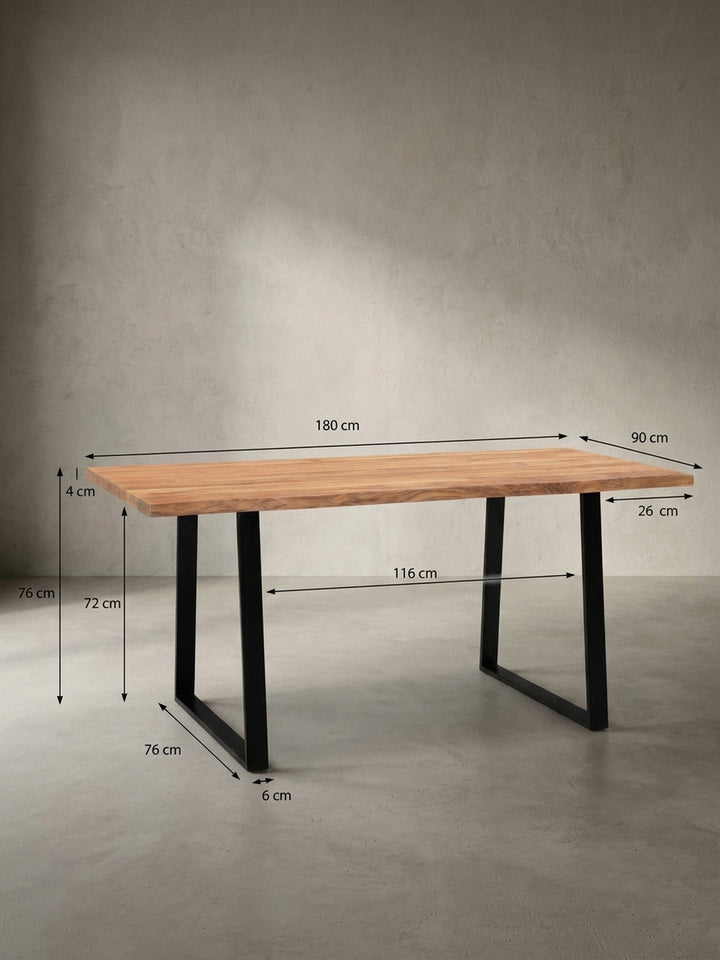 Technische Zeichnung des Esstisches mit genauen Maßen: Länge 180 cm, Höhe 76 cm und Breite ca. 90 cm für die Raumplanung._