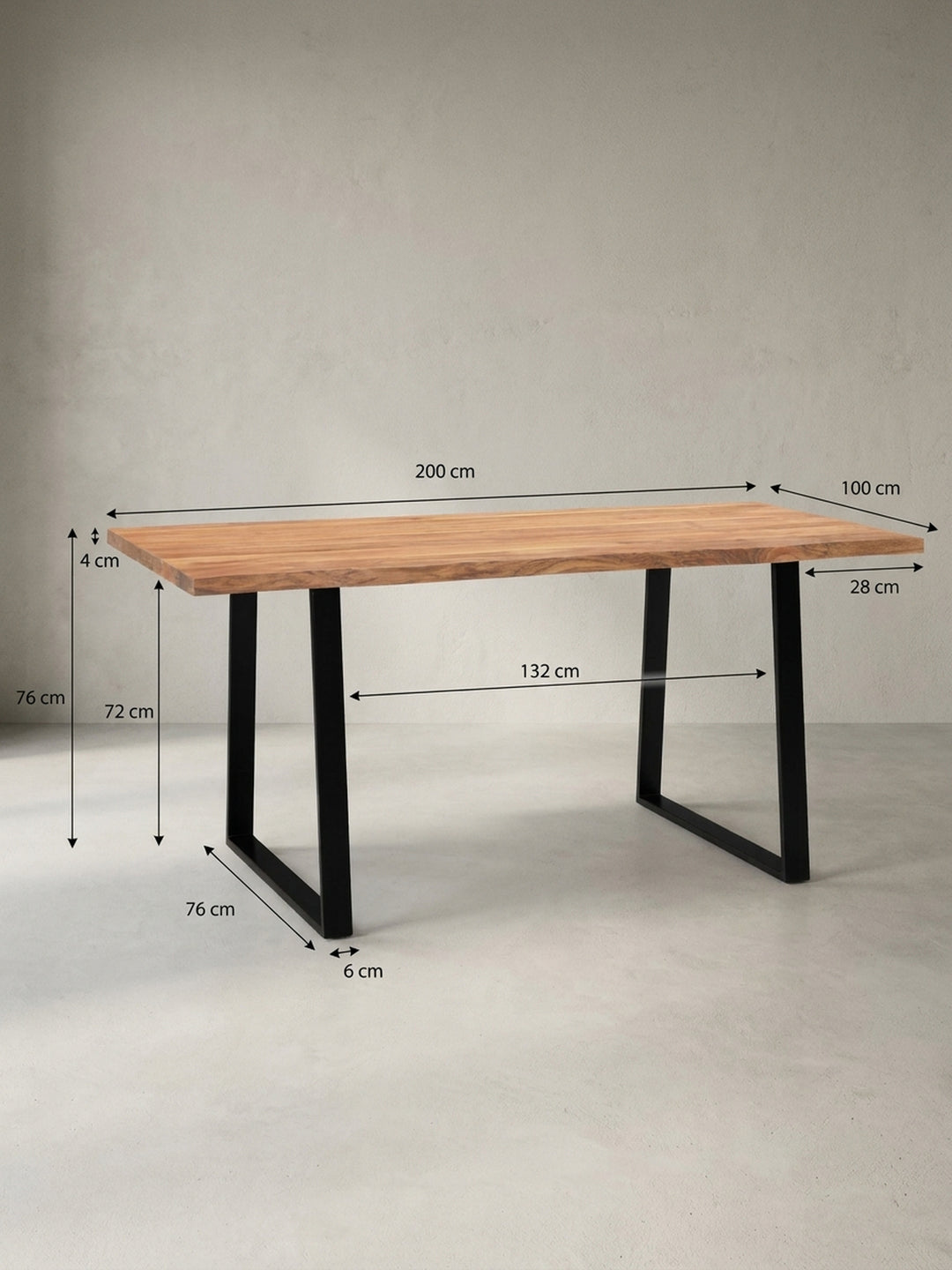 Technisches Maßbild des Esstischs mit genauen Abmessungen: Länge 200 cm, Breite 100 cm und Höhe 76 cm für die Raumplanung._