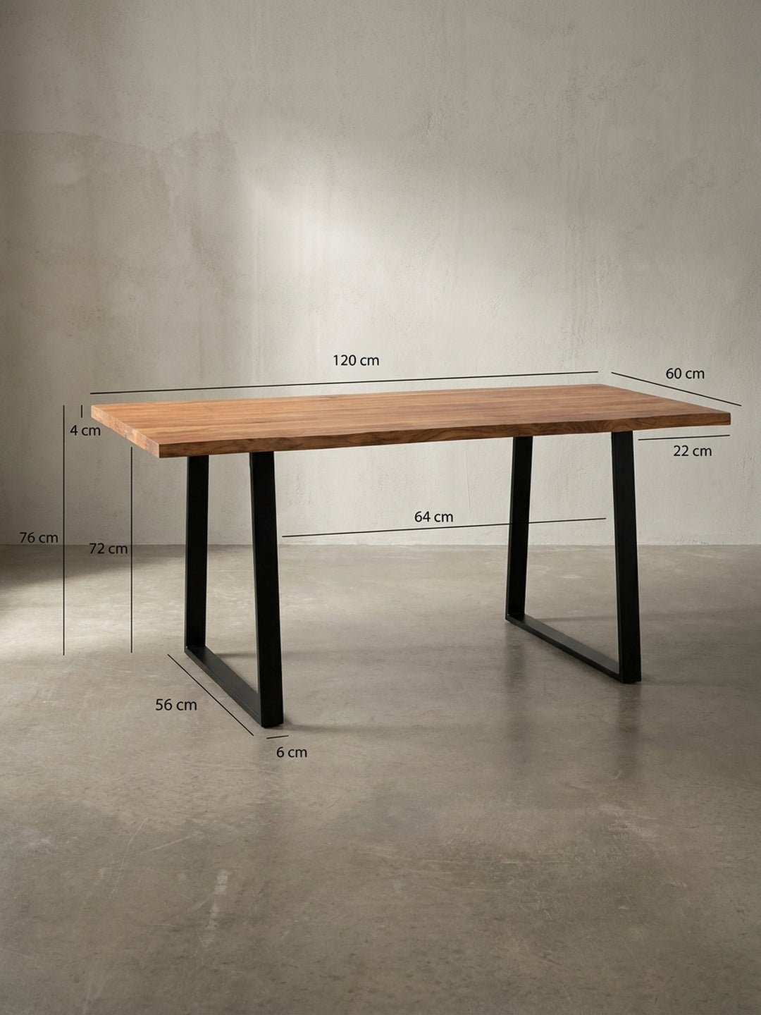 Technisches Maßbild des Esstisches mit den exakten Abmessungen: Länge 120 cm, Tiefe 60 cm und Höhe 76 cm für die Raumplanung._