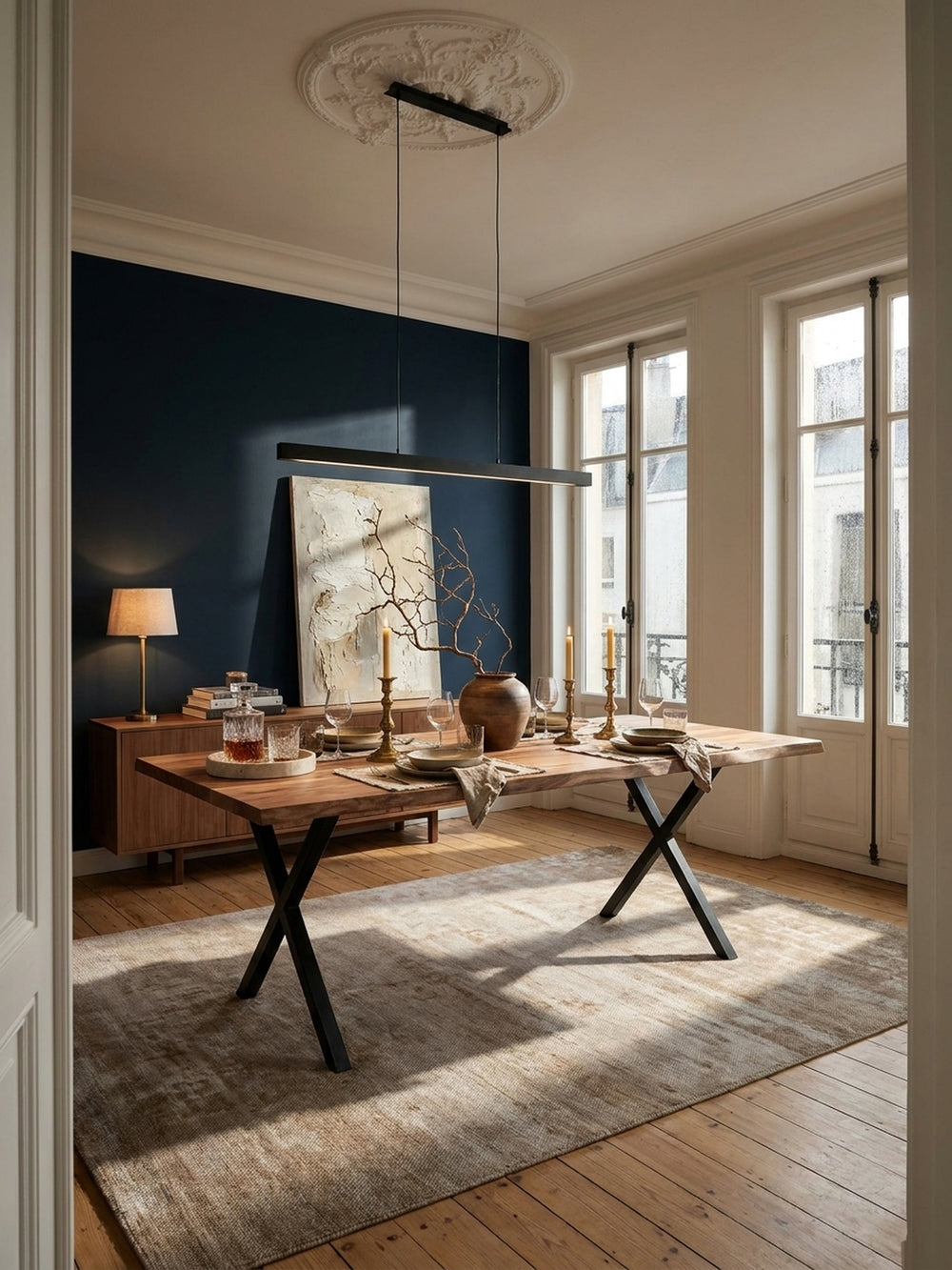 Massiver Akazien-Esstisch mit schwarzen X-Beinen als Mittelpunkt in einem eleganten Esszimmer mit marineblauer Akzentwand und Parkettboden._