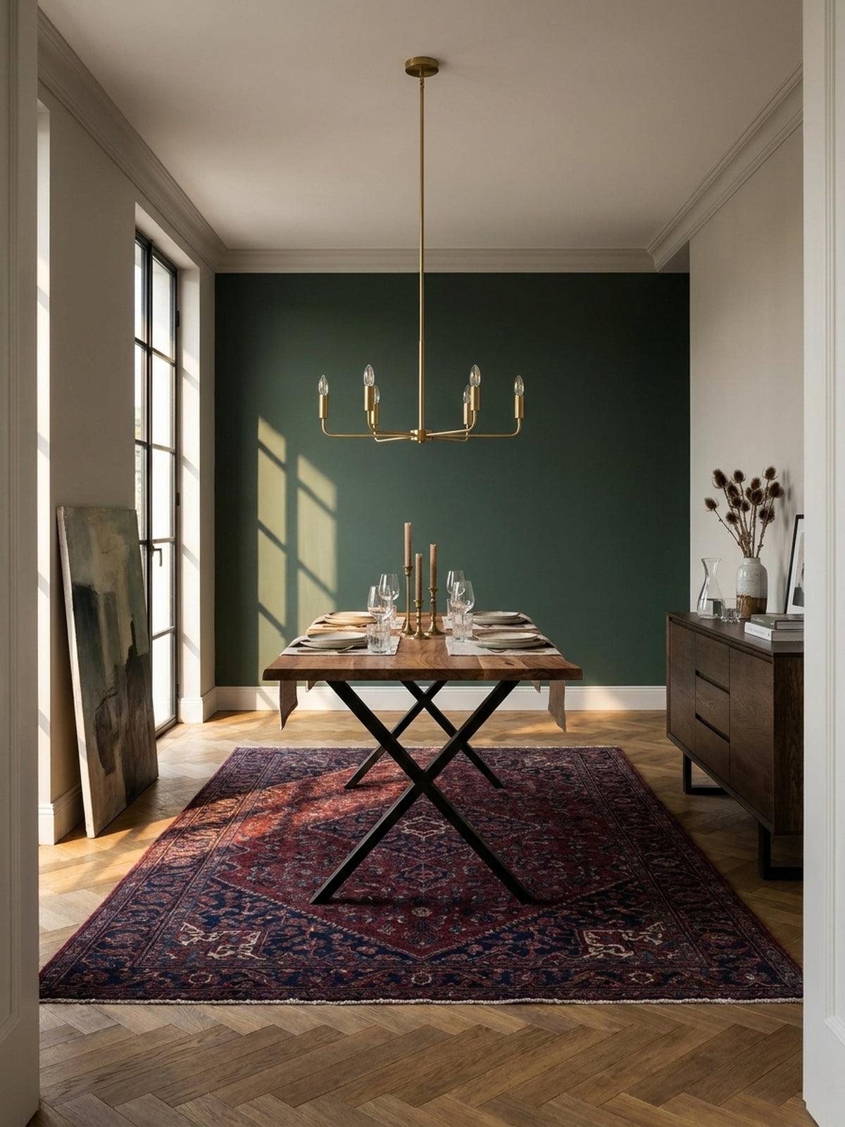 Massiver Esstisch aus Akazienholz 120x60 cm mit schwarzen X-Beinen in einem stilvollen Esszimmer mit Vintage-Perserteppich und Messing-Pendelleuchte._