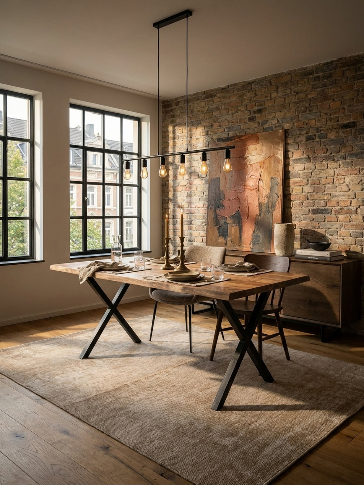 Moderner Esstisch aus massivem Akazienholz mit schwarzen X-Beinen im Mittelpunkt eines großzügigen Esszimmers mit Loft-Charakter und Backsteinwand._