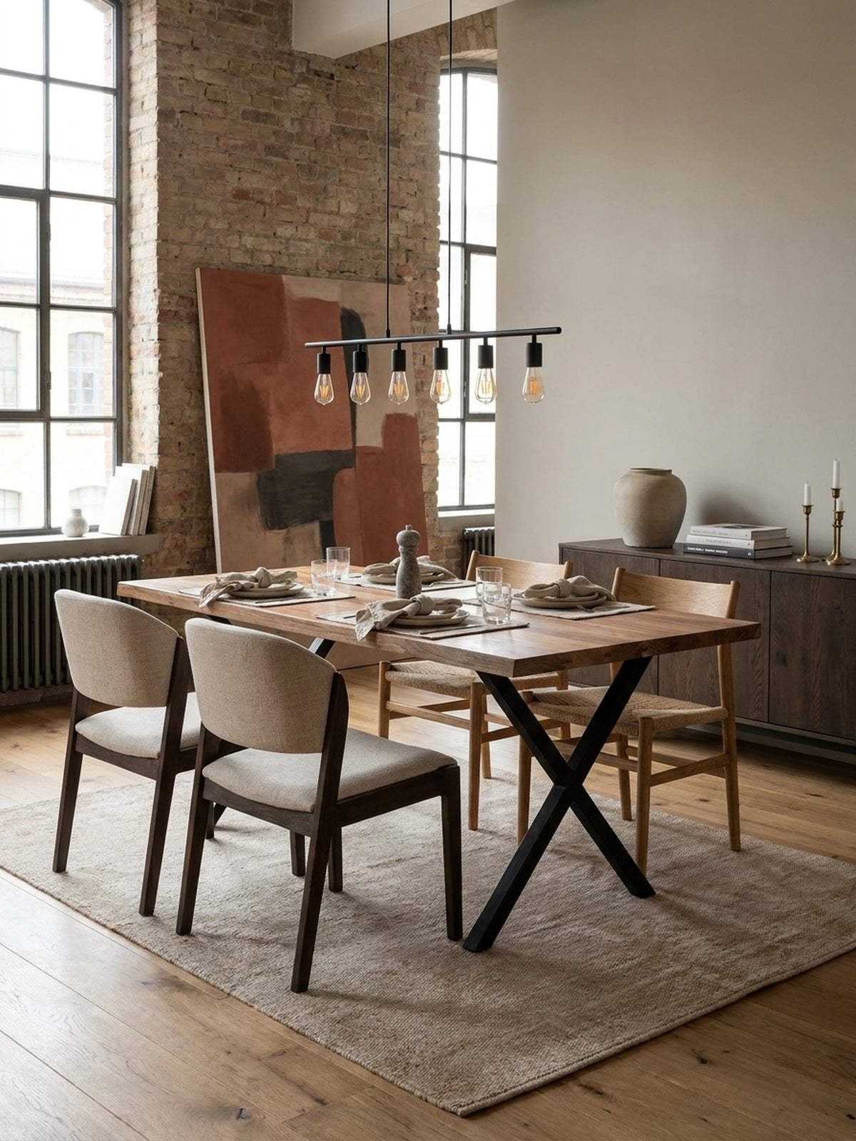Arrangement im Esszimmer: der Akazien-Holztisch mit schwarzen Metallbeinen kombiniert mit grauen Samtstühlen und einer passenden Holzbank._