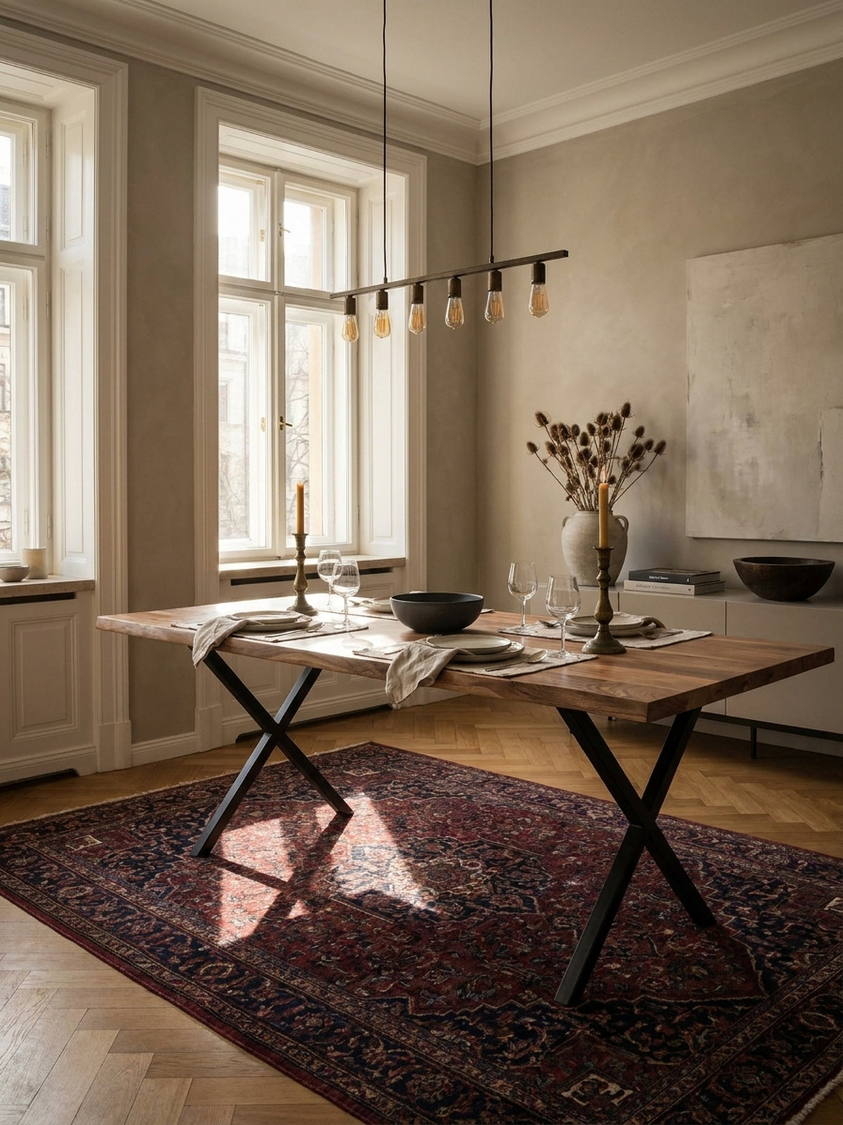 Großer Esstisch aus Akazienholz mit schwarzen X-Beinen als Mittelpunkt in einem lichtdurchfluteten Esszimmer mit Holzboden und grauen Stühlen._